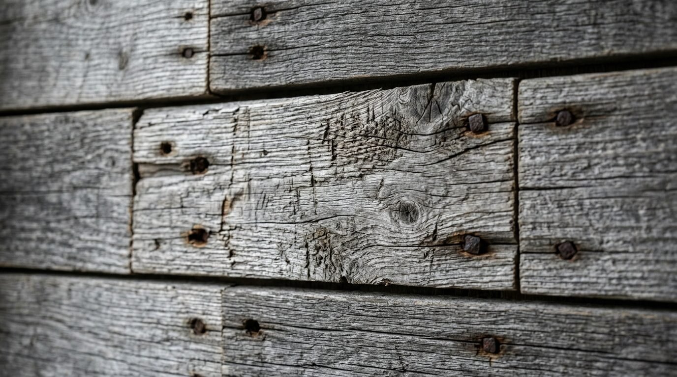 Close-up of horizontal, weathered grey timber boards with rusted iron nails embedded in the wood.