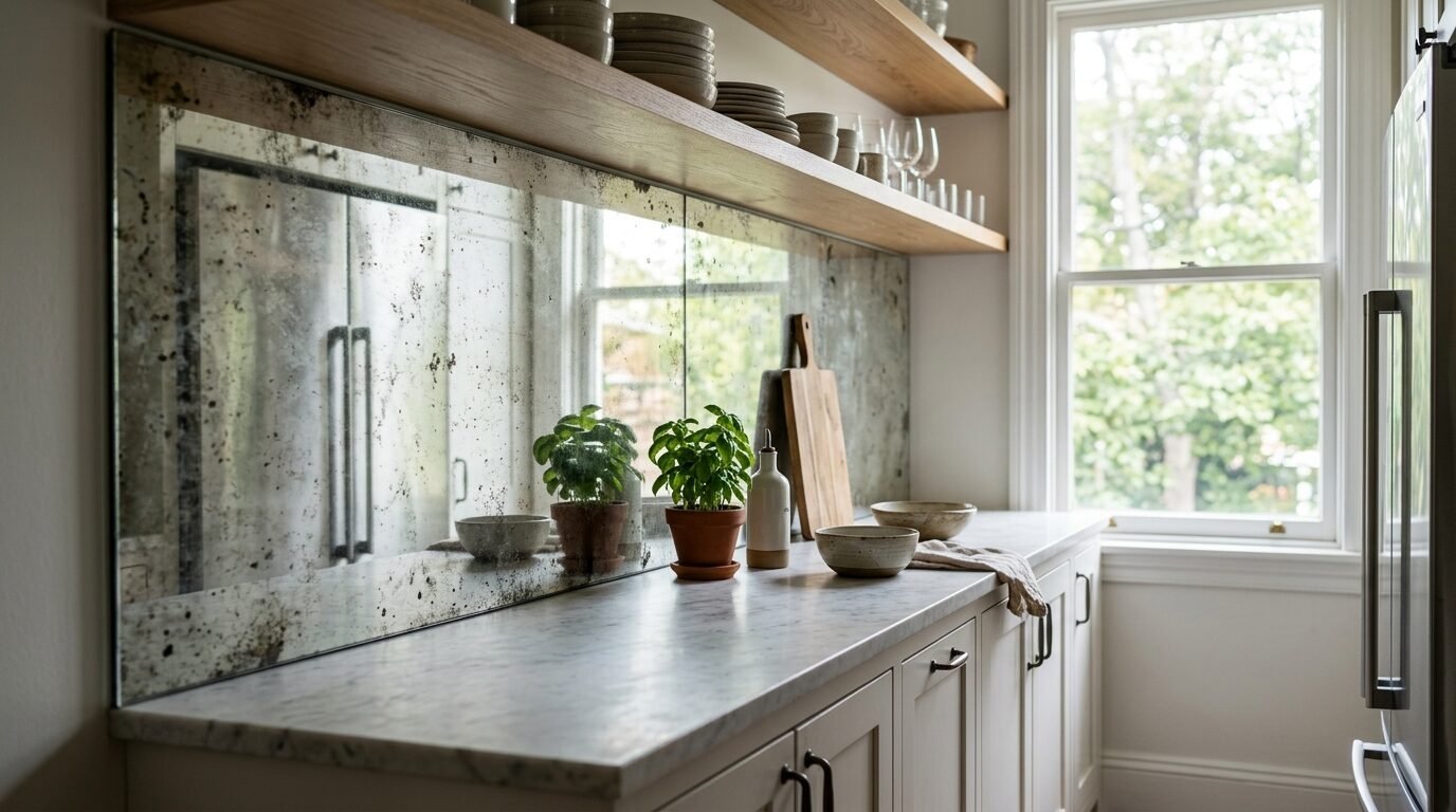 A distressed mirror backsplash sits above a marble countertop with potted basil and wooden serving boards.