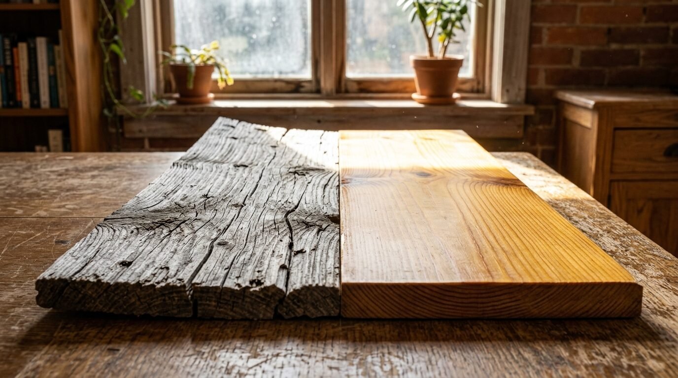 A rustic grey wood plank sitting beside a smooth, stained wooden board on a table in front of a window.