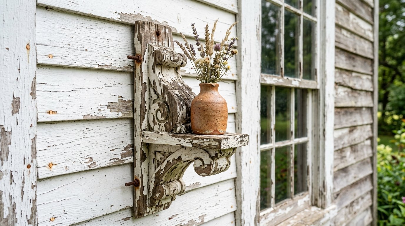 A distressed white wooden corbel holds a tiny terracotta jar filled with dried wildflowers against a shed wall.