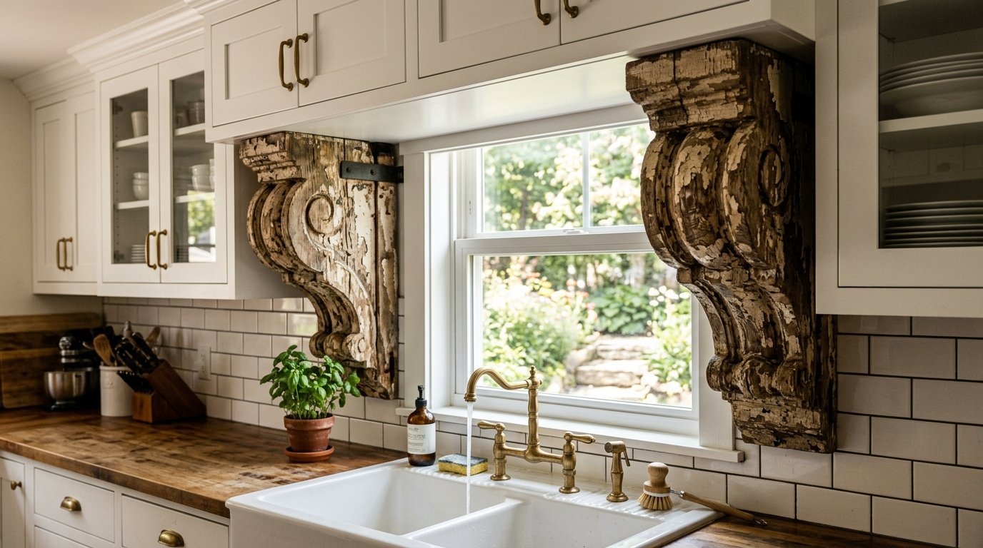 Vintage wooden brackets supporting white cabinets above a farmhouse kitchen sink with a brass faucet.