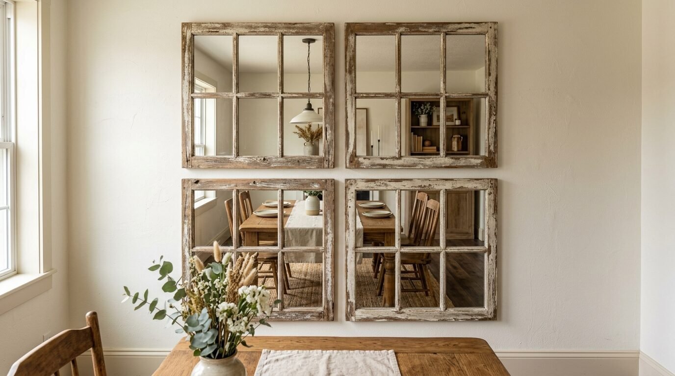 Group of four rustic farmhouse style mirrors reflecting a wooden dining room table and chairs.