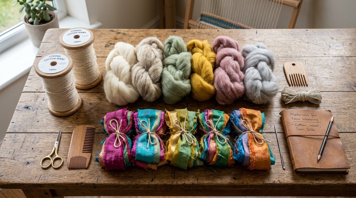 Crafting supplies including wool, silk ribbons, weaving combs, and a notebook laid out on a rustic wooden table.