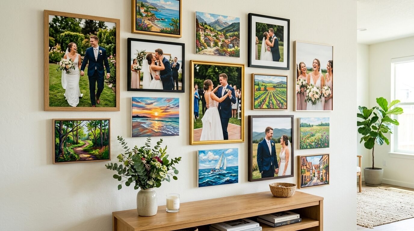 Collection of framed wedding photos and art prints displayed on a living room wall above a wooden console table.