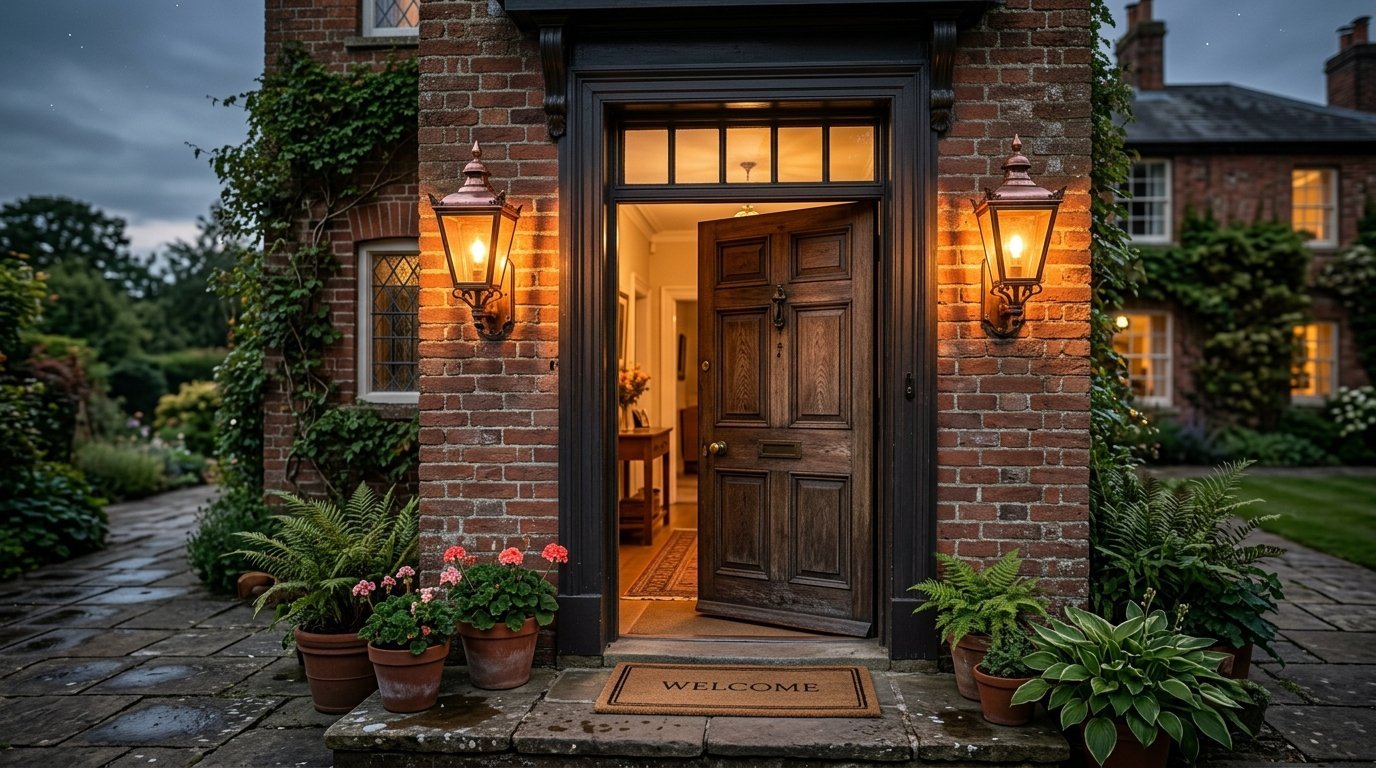 An open dark wood front door of a brick home with potted plants and a welcome mat on the stone porch.