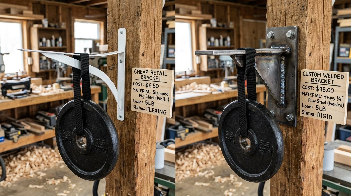 Split screen showing a white stamped shelf bracket bending under a five pound weight next to a rigid custom welded bracket.