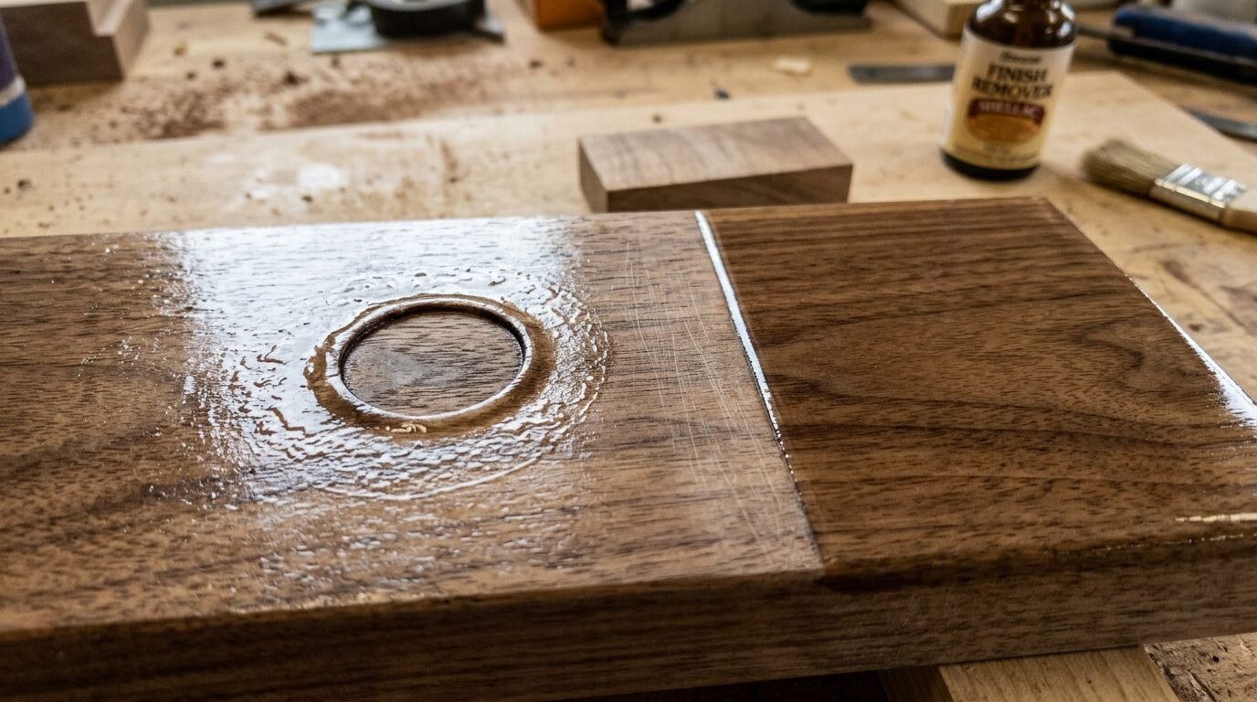 Close up of a wooden plank with a clear circular liquid ring residue on the surface.