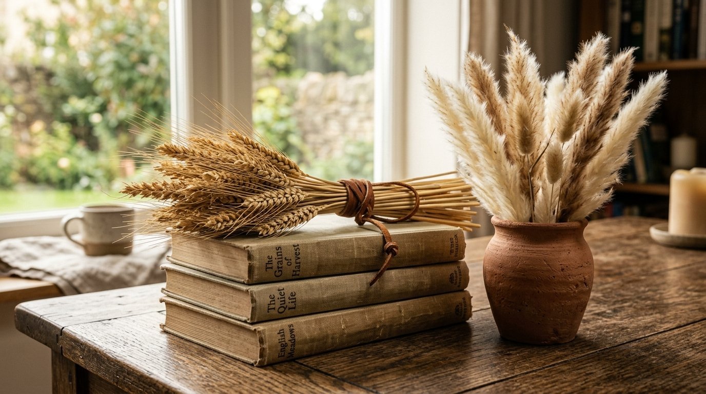 A bundle of wheat on vintage books next to a clay vase filled with fluffy pampas grass on a wooden table.