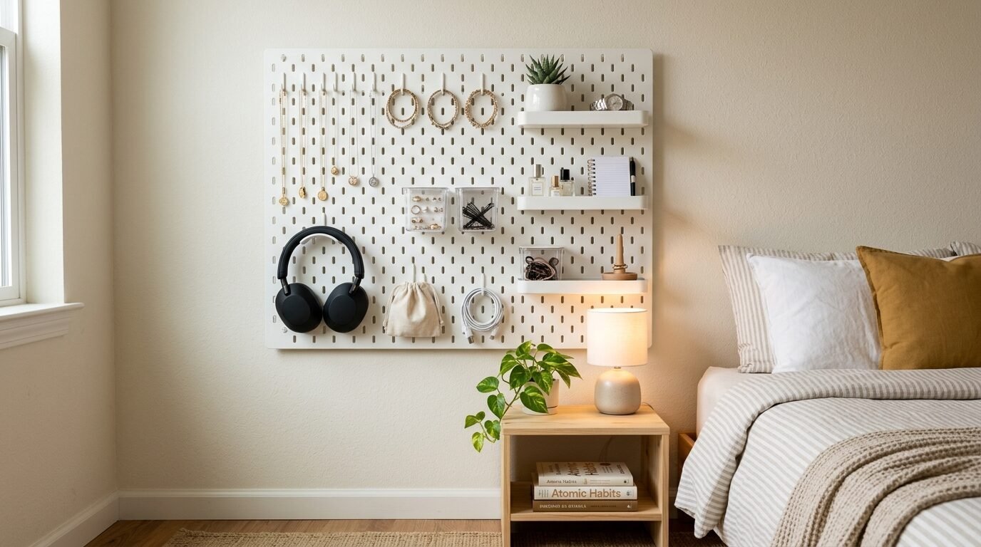 White wall-mounted pegboard holding headphones, jewelry, and small shelves above a wooden nightstand.