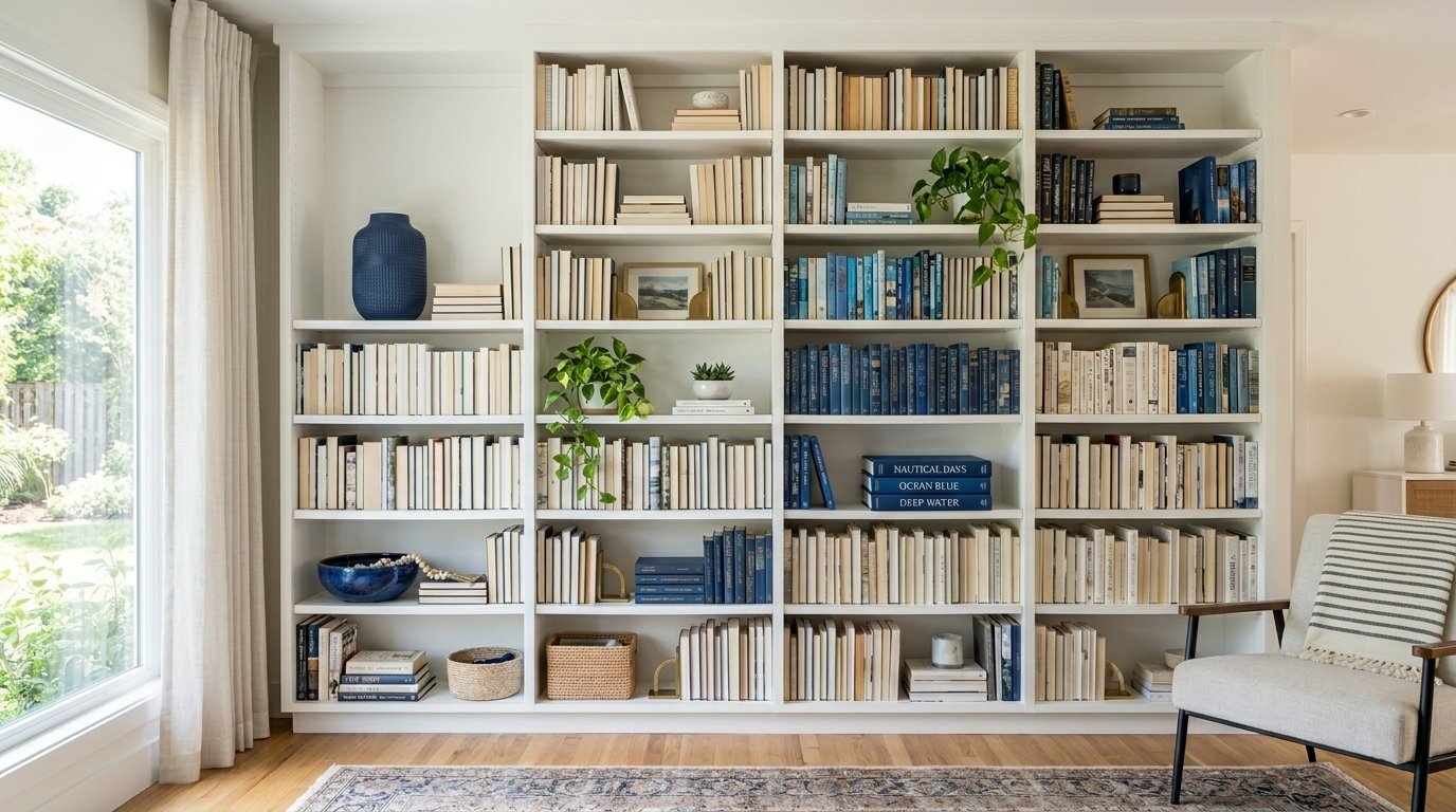 Large white wall shelving unit organized with various books, decorative plants, and home decor items.