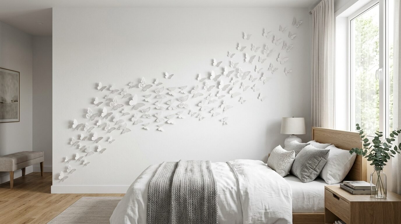 Decorative paper butterflies arranged in a swirling pattern on a white bedroom wall above a wooden headboard.