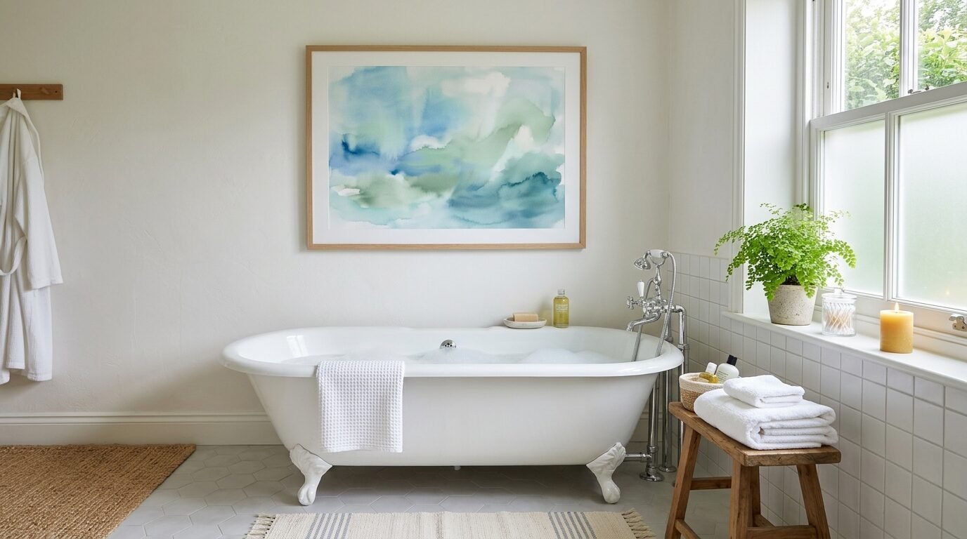 White clawfoot bathtub filled with bubbles in a bright bathroom with abstract blue watercolor art on the wall.