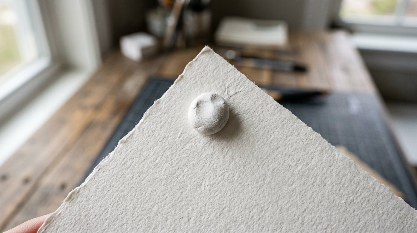 Close-up of a textured off-white art paper sheet with a tiny, flattened white clay ball attached to the top corner.