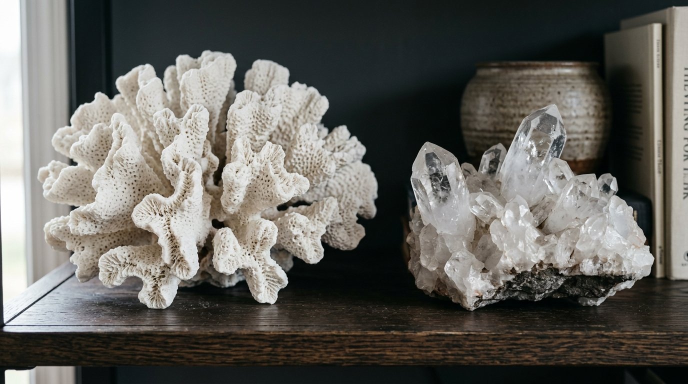 A decorative bleached coral branch next to a jagged quartz mineral formation on a dark wood shelf.
