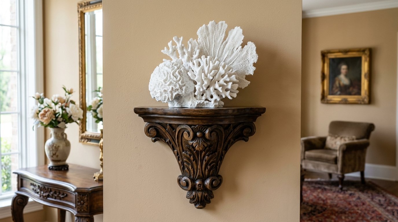 Intricate white coral centerpiece resting on a carved dark wood wall mount in a traditional living room.