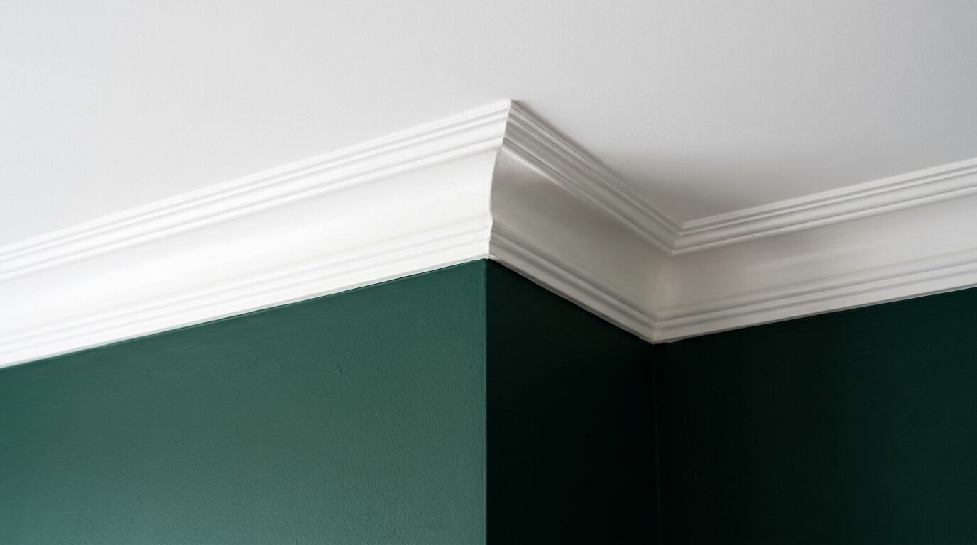 Close up of white ceiling trim meeting at a 90 degree angle against deep green painted walls.