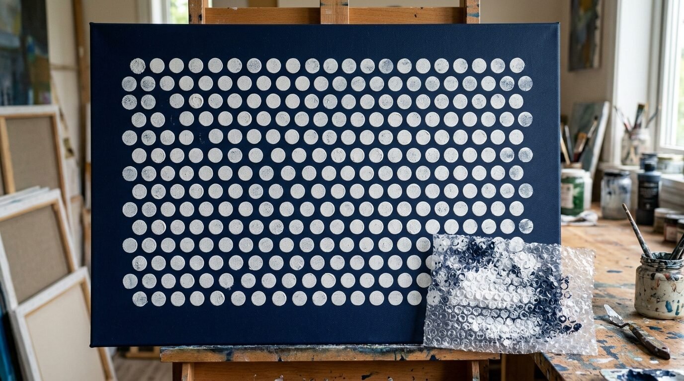 A navy blue canvas with a repetitive white polka dot pattern sitting on an easel with bubble wrap and brushes.