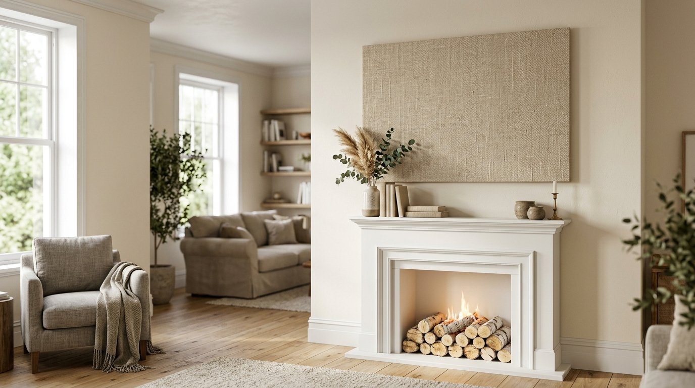 White fireplace mantel with logs, books, and pampas grass in a neutral living room.