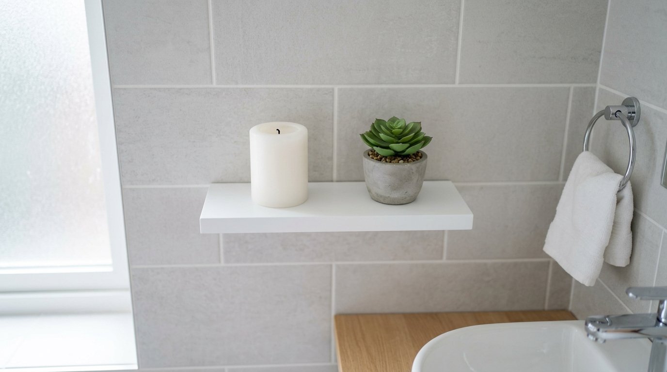 A white floating shelf holding a cream candle and a green plant in a cement pot on a tiled bathroom wall.
