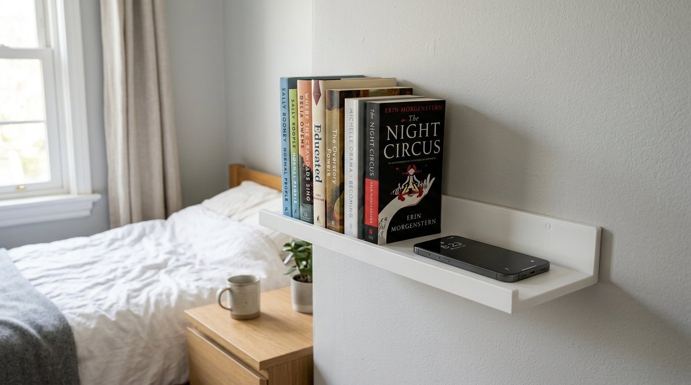 Row of hardcover books and a smartphone arranged on a clean white floating shelf in a bedroom.