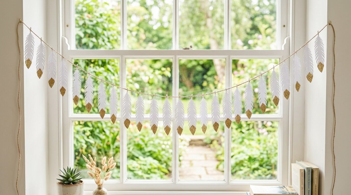Decorative paper feathers with gold glitter tips hanging on string in front of a garden window.