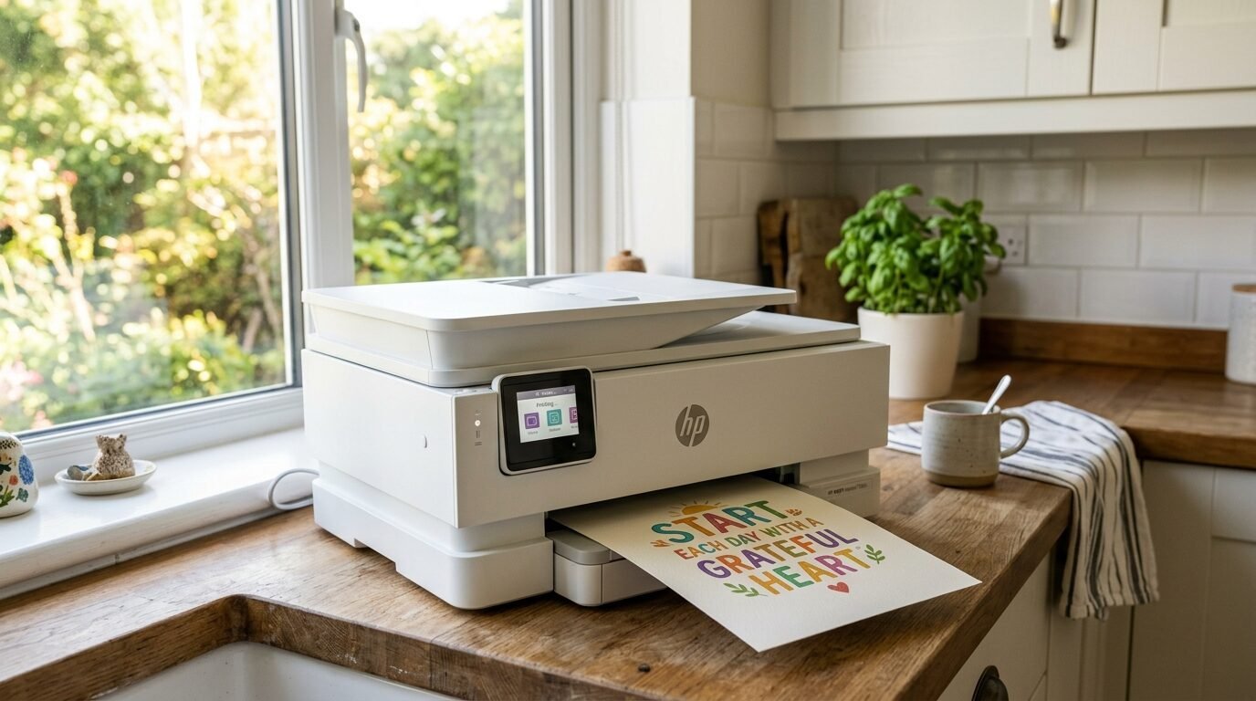 An HP printer on a wooden countertop printing a sign that says Start each day with a grateful heart.