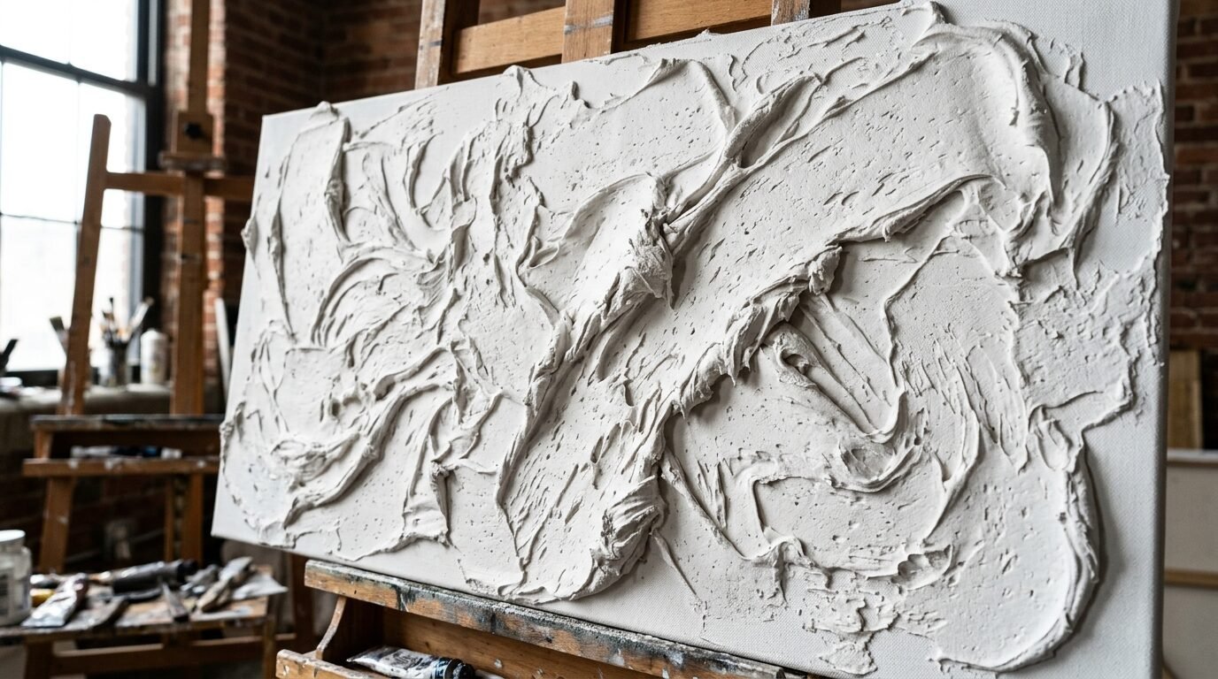 Close up of an abstract canvas featuring heavy, swirled white paint texture in an artist studio.