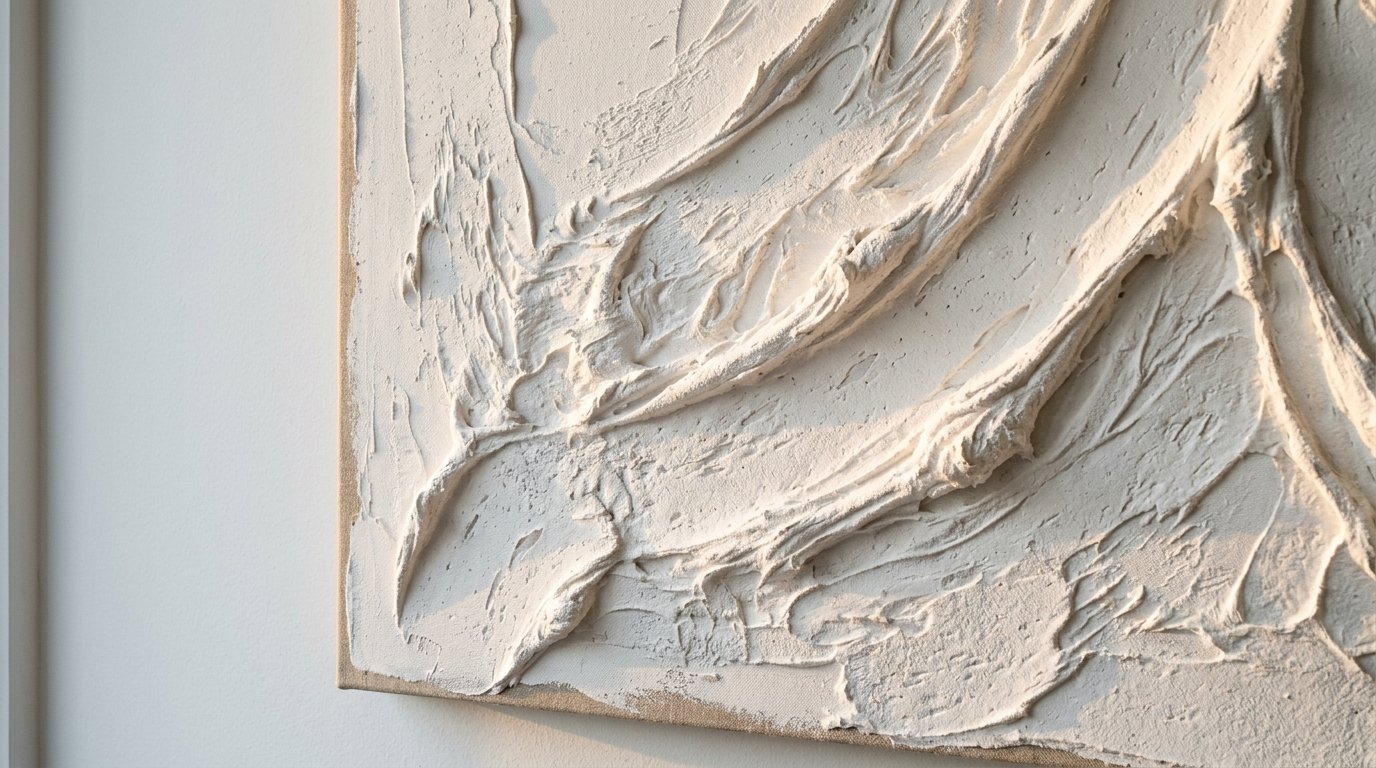 Close-up angled shot of a white raised acrylic textured canvas painting hanging on a light wall.