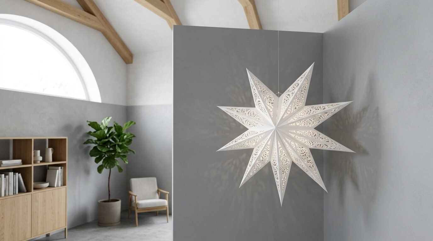A decorative glowing star lantern with ornate cutouts suspended in a modern minimalist living room.