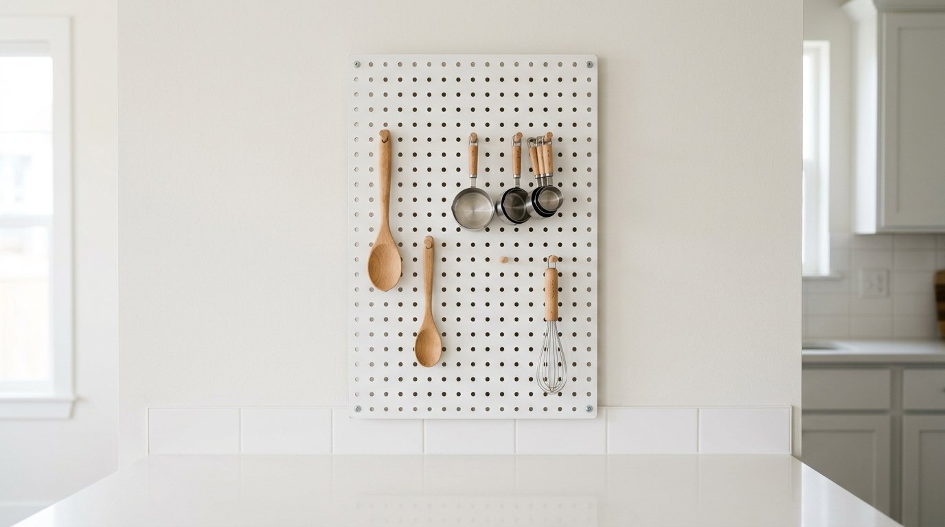 A white pegboard on a wall holds wooden spoons, metal measuring cups, and a small whisk.