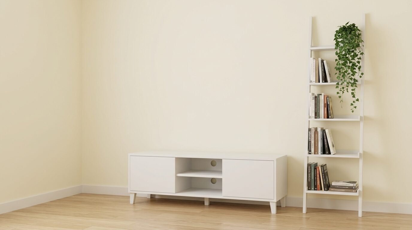 A white TV cabinet with a matching leaning ladder shelf holding books and a trailing plant against a beige wall.