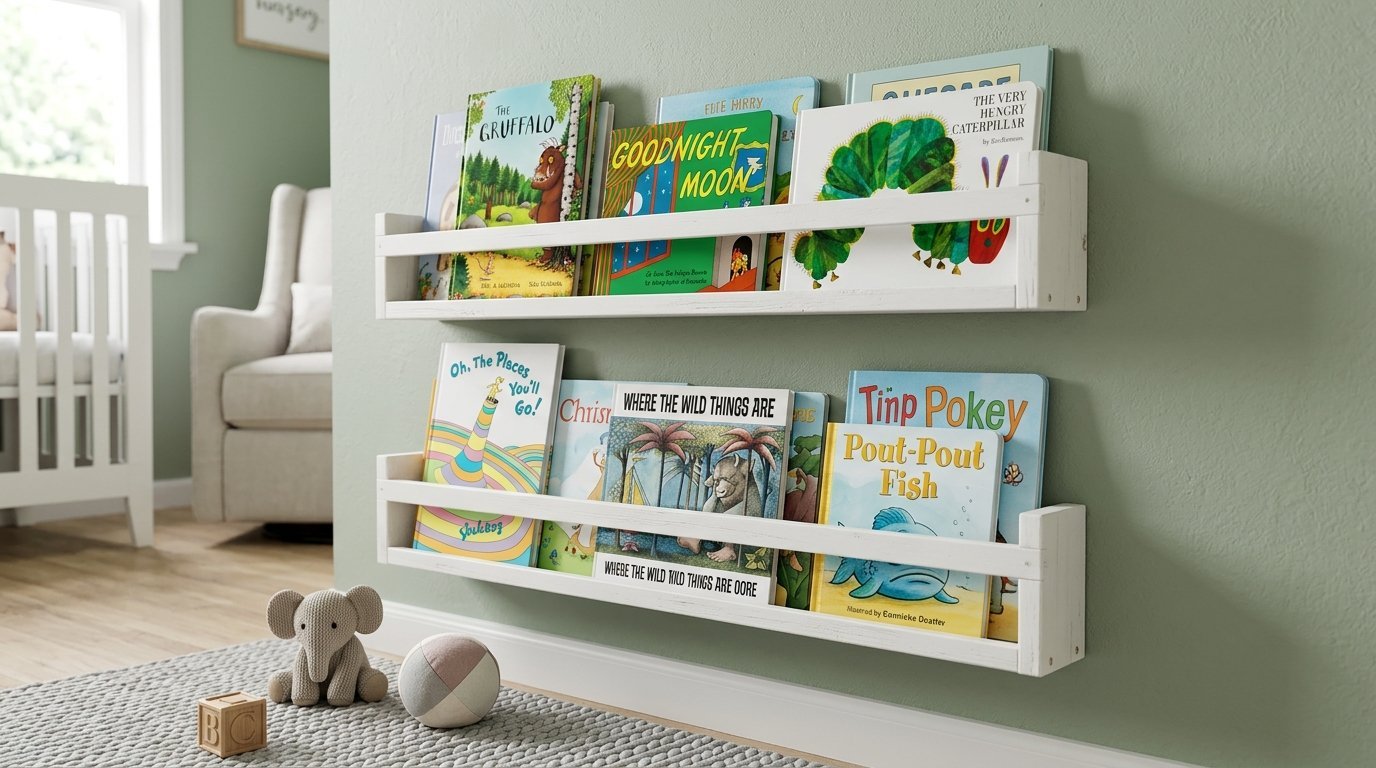 White wall-mounted shelves holding colorful classic storybooks in a nursery with a gray rug and elephant toy.