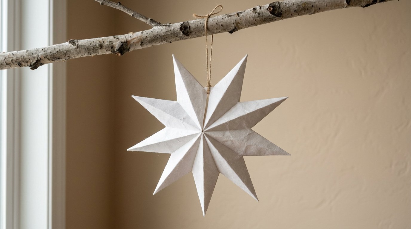 A textured white Moravian paper star suspended by twine from a natural wooden twig.