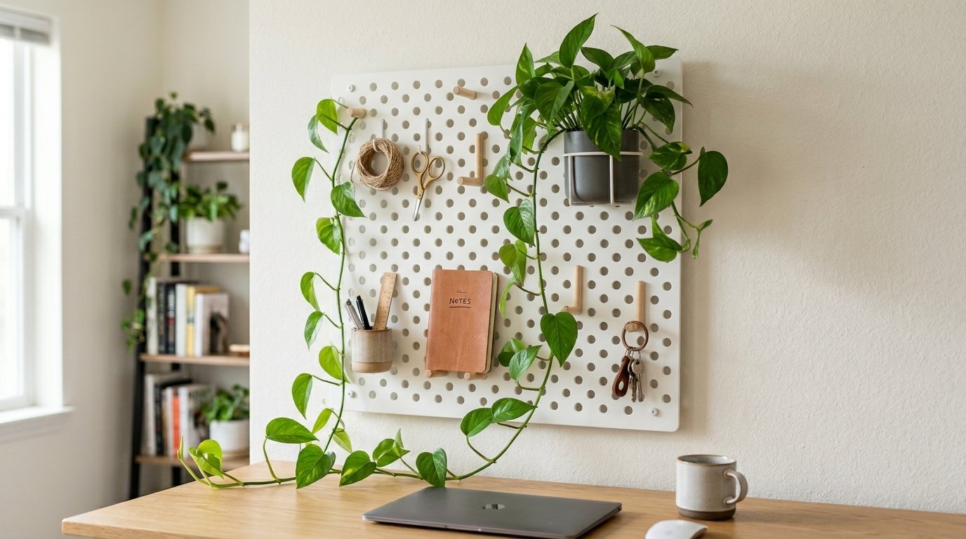 A white pegboard on a wall holds a pothos plant, a notebook, scissors, and keys above a tidy wooden desk.