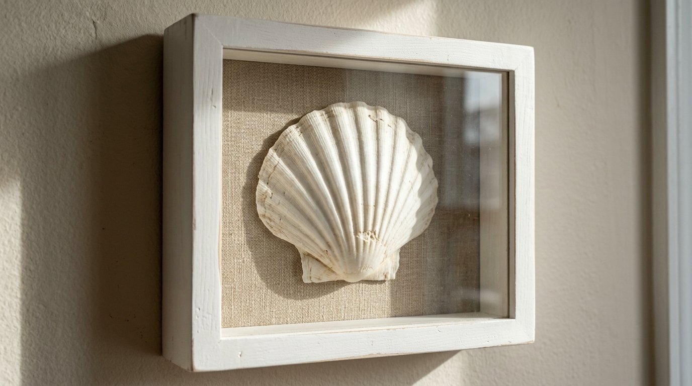 Close up of a textured seashell displayed in a deep white shadow box frame on a beige wall.