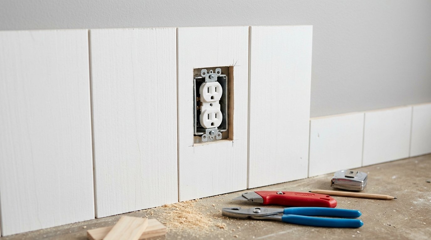 Close-up of a wall outlet surrounded by installed white wood panels, with construction tools on the floor.