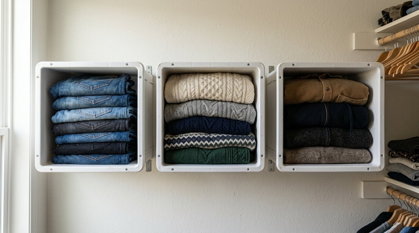 Organized stacks of denim jeans, knitted sweaters, and fleece jackets inside square wall-mounted storage bins.