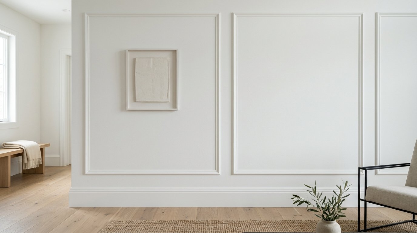 A white wall with rectangular trim, framed abstract art, a wooden bench, and a modern chair with an olive branch.