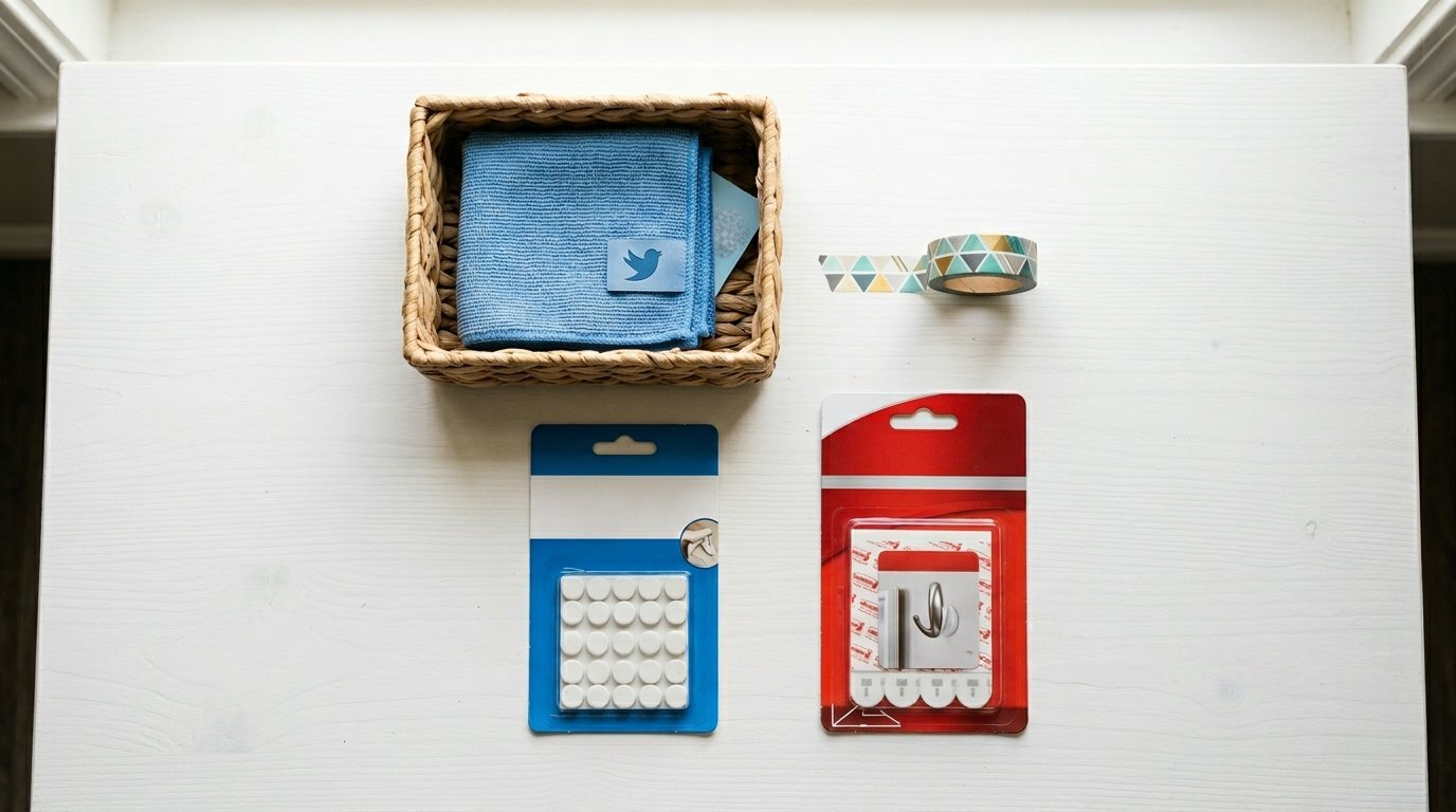 Top-down view of a small wicker basket with a blue cloth, geometric patterned washi tape, and adhesive hook packages.