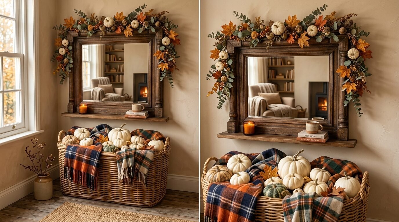 Large woven basket filled with assorted pumpkins and cozy plaid blankets under a mirror with seasonal foliage.