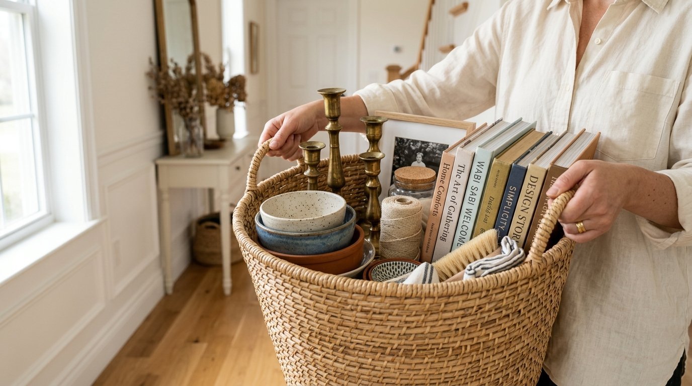 A person holding a large rattan basket packed with decorative items like brass candlesticks and hardback books.