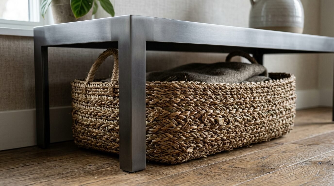 Natural seagrass basket with folded blankets sitting beneath a sleek grey metallic furniture frame.
