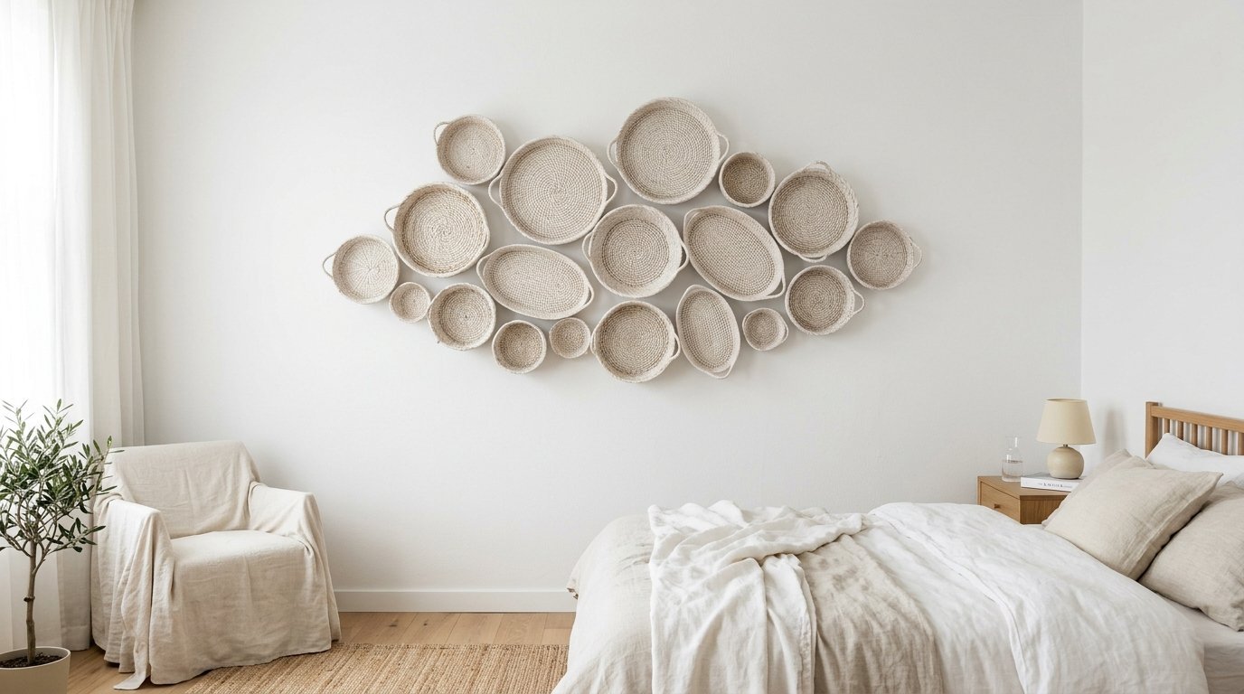 Many round and oval textured wicker trays arranged in a cloud formation on a bright white bedroom wall.