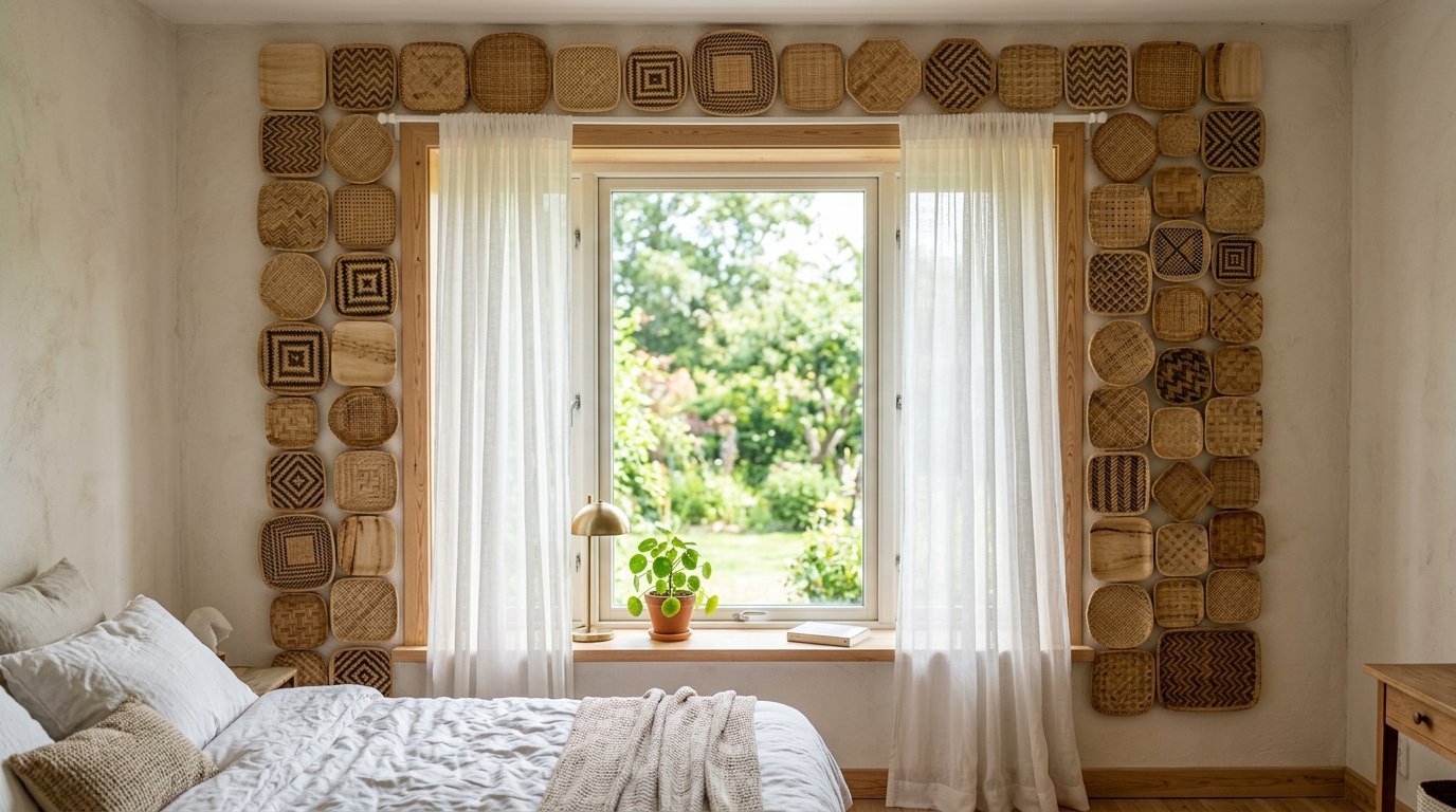 A bedroom window surrounded by a collection of square wicker baskets mounted on the wall above a white bed.