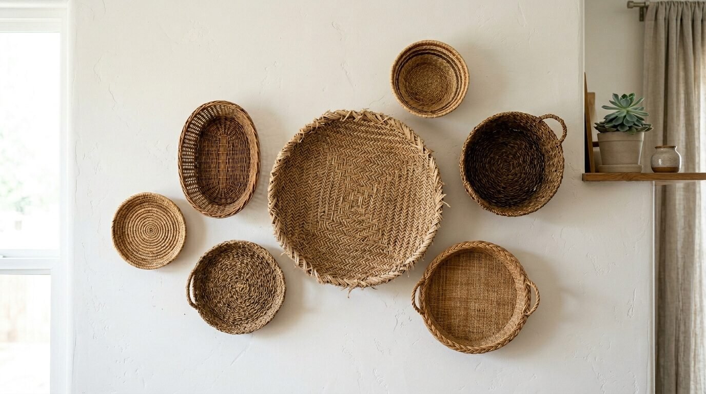 Seven circular and oval woven baskets mounted in a gallery style on a textured white wall.