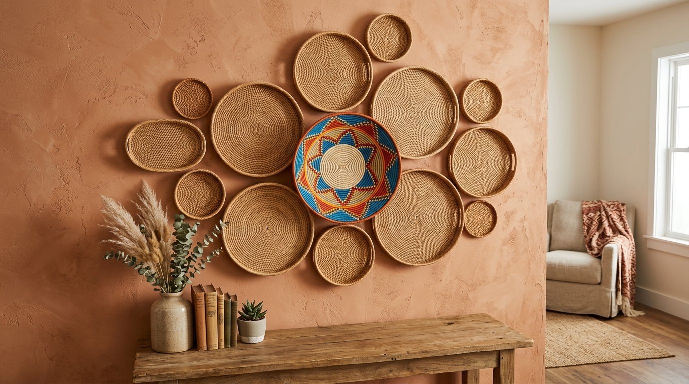 Collection of round wicker baskets hung on a textured terracotta colored wall above a wooden console table.