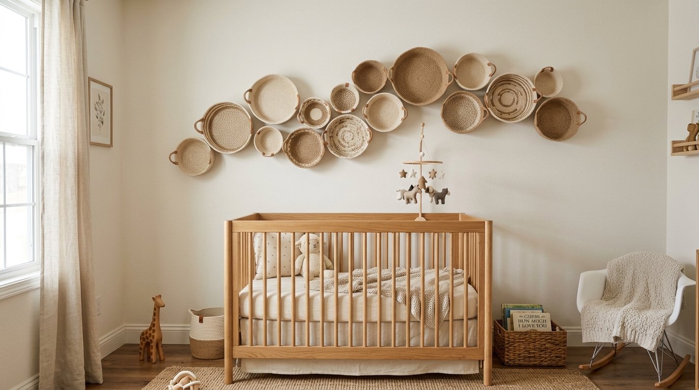Neutral baby nursery with a wood crib, rattan wall baskets, and cozy armchair.