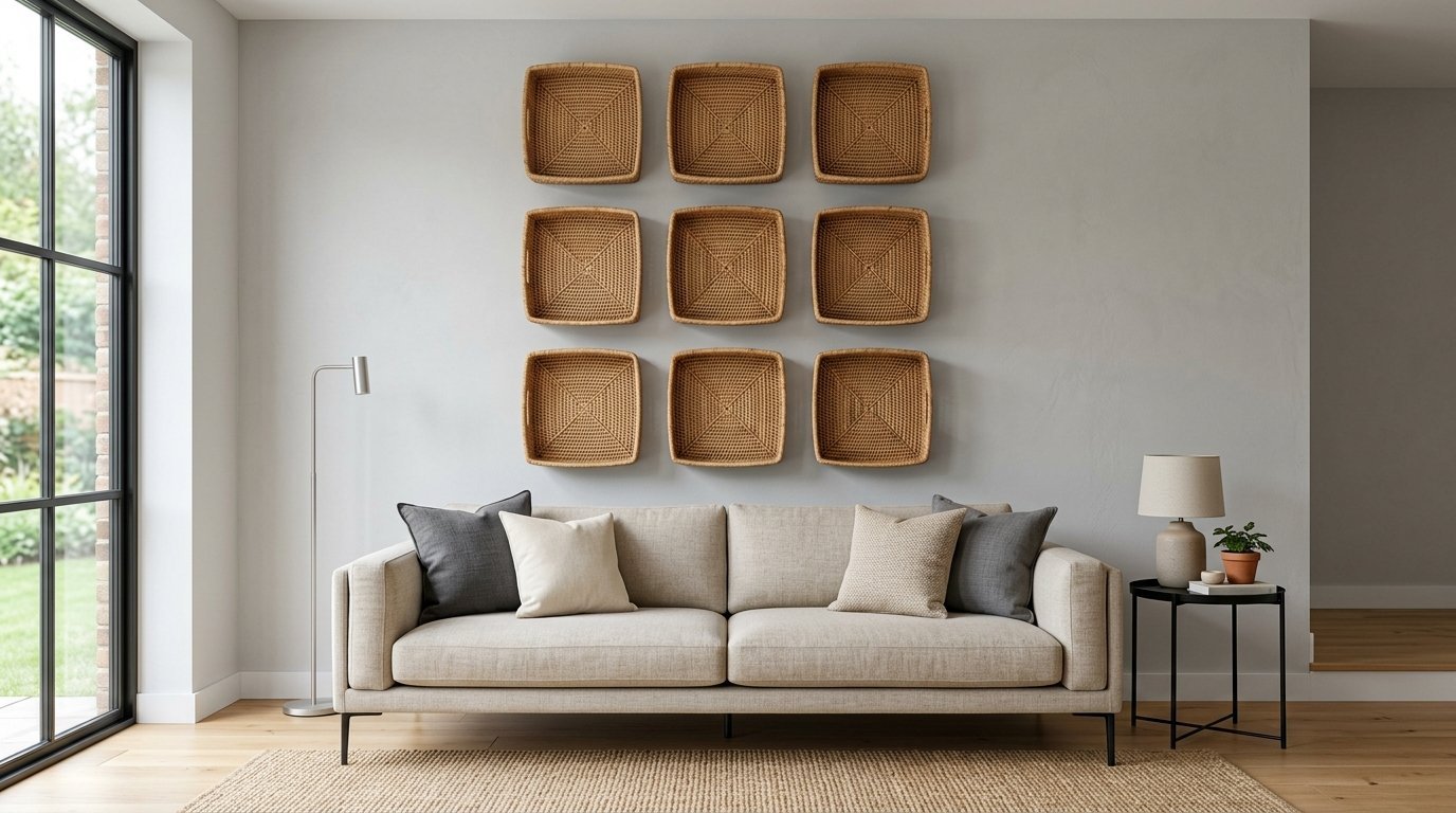 Nine square wicker trays arranged in a three-by-three grid above a beige sofa.