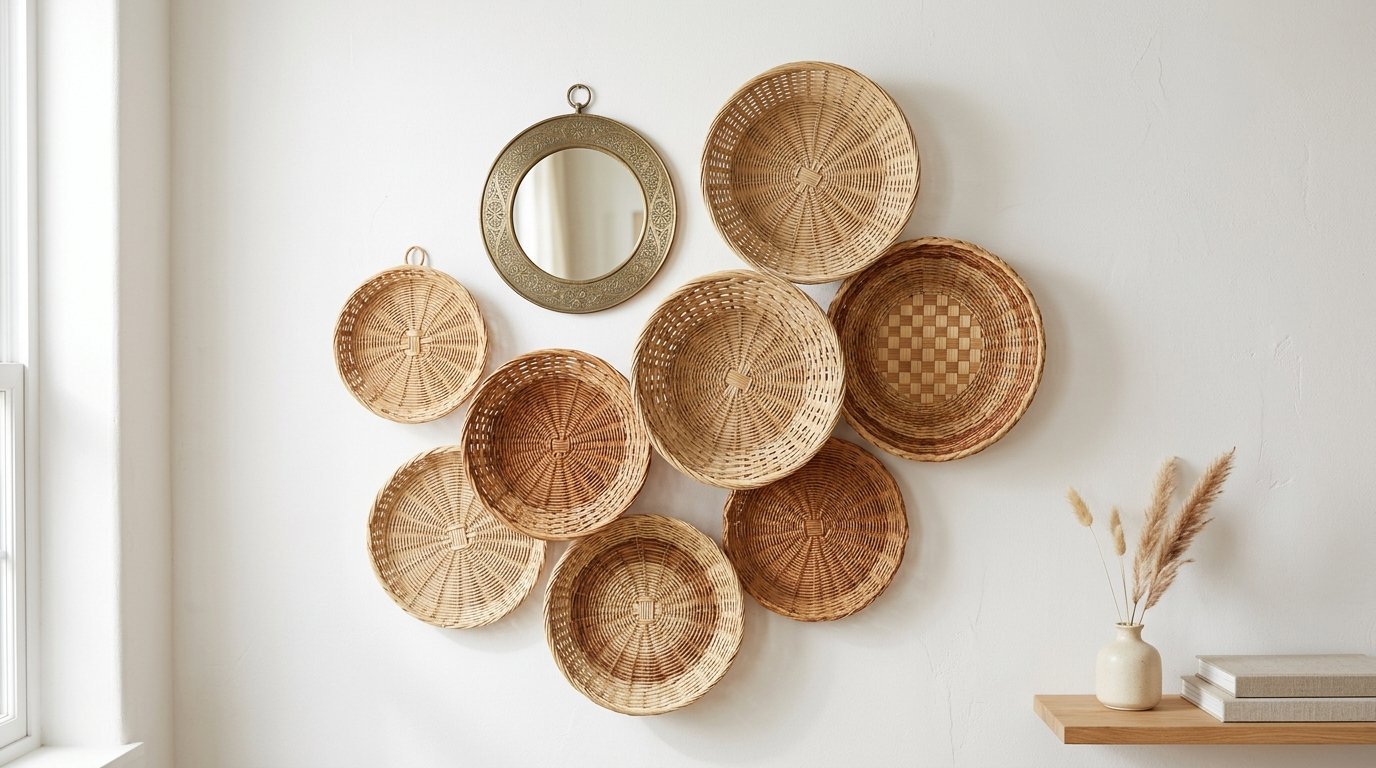 Decorative woven rattan trays and a circular brass mirror grouped together on a bright white wall.