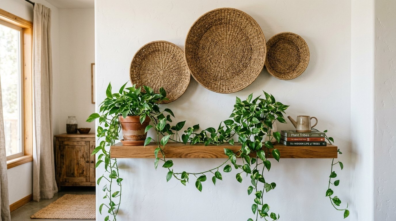 Floating timber ledge displaying two potted pothos plants and a small ceramic watering can against woven baskets.